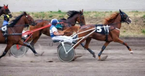 Horses harnessed to chariots run along a dusty track of the hippodrome.